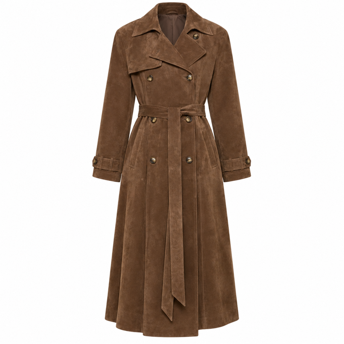Lange damestrenchcoat met suèdelook – elegant en tijdloos