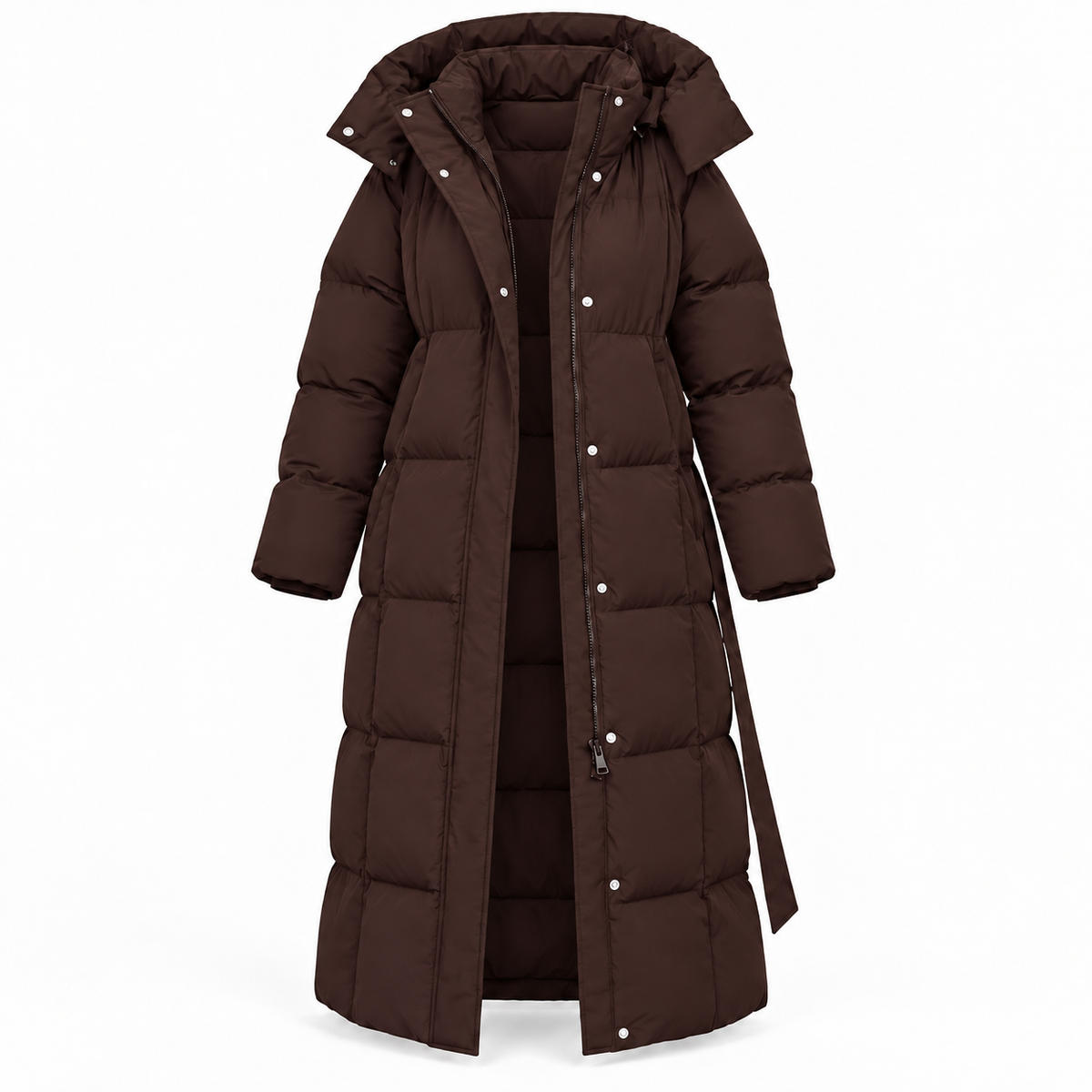 Elegante lange damesdonsjas warm en comfortabel bordeauxrood