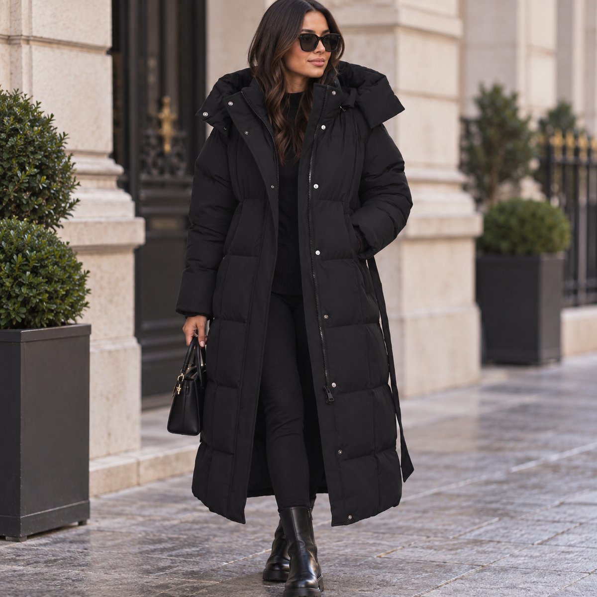 Elegante lange damesdonsjas warm en comfortabel zwart