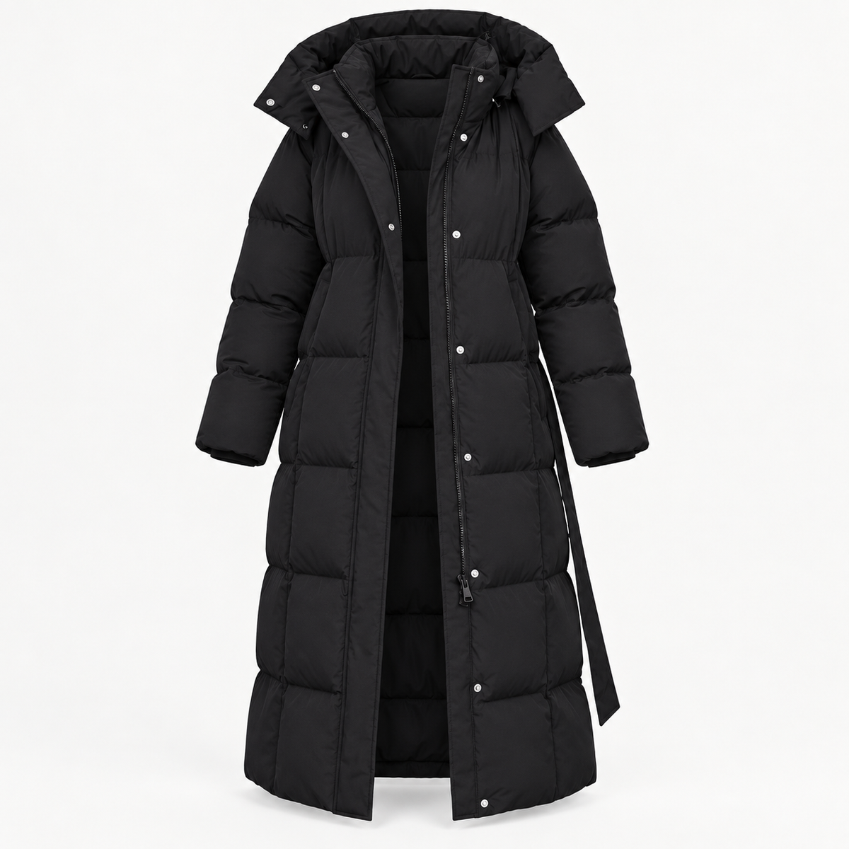 Elegante lange damesdonsjas warm en comfortabel zwart